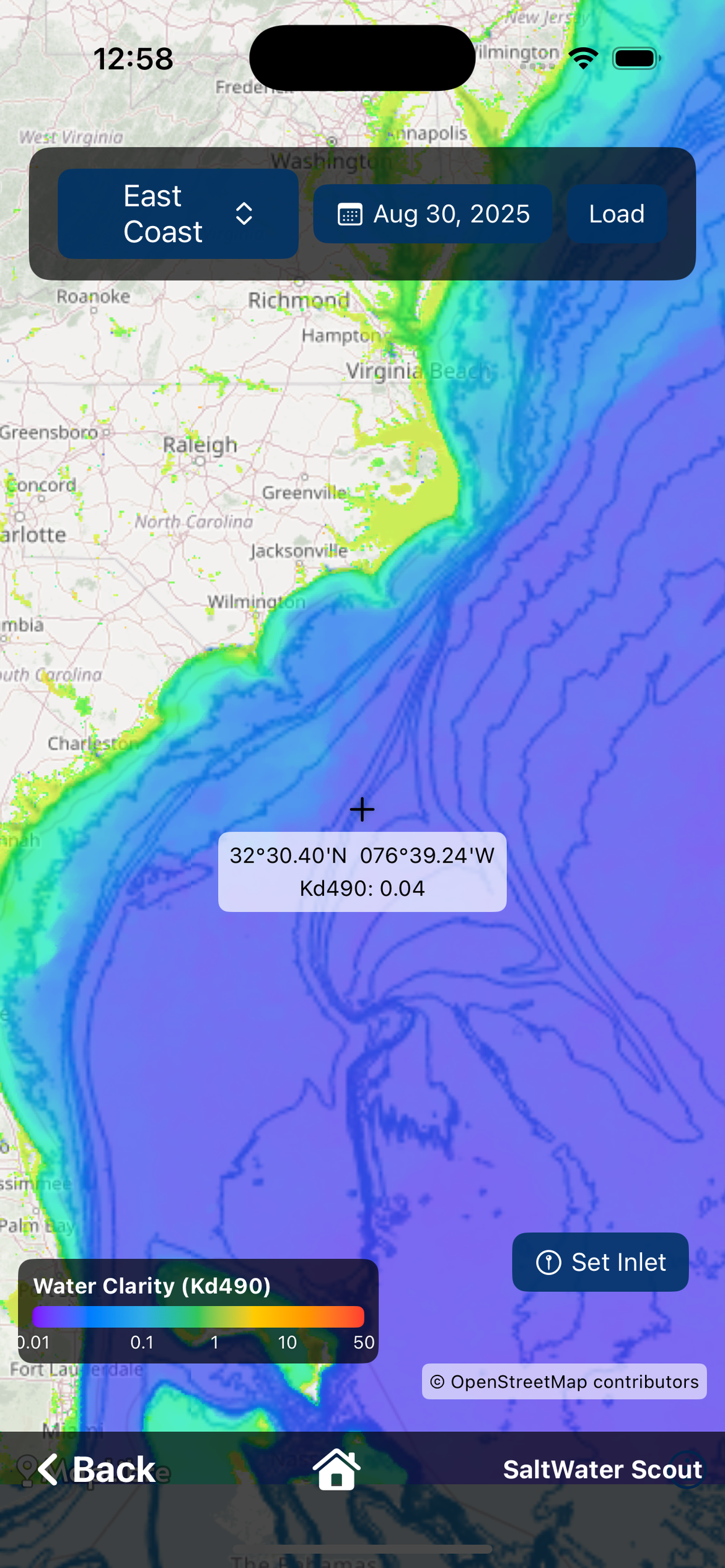 Water clarity (Kd490) layer in SaltWater Scout